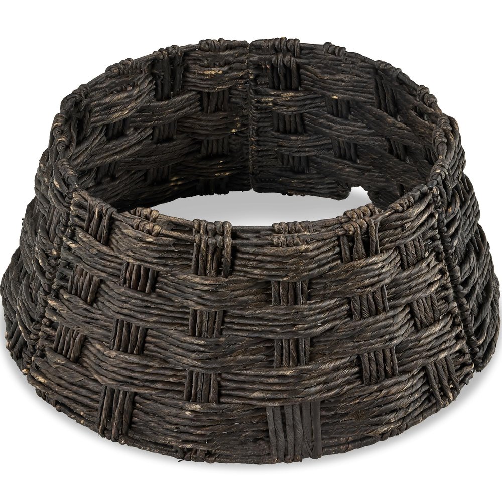 Best Choice Products 24in Christmas Tree Collar, Basket Woven Hyacinth 3-Piece Holiday Rattan Tree Skirt Accessory for Home w/Cord Cut-Out - Espresso