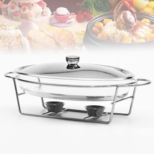 BWPURWDFH Catering Insulation Tray3L Food Warming Container Chafing Dish Buffet Set with Glass Pot Metal Lid Stainless Steel Stand Heat Container for Parties Buffets