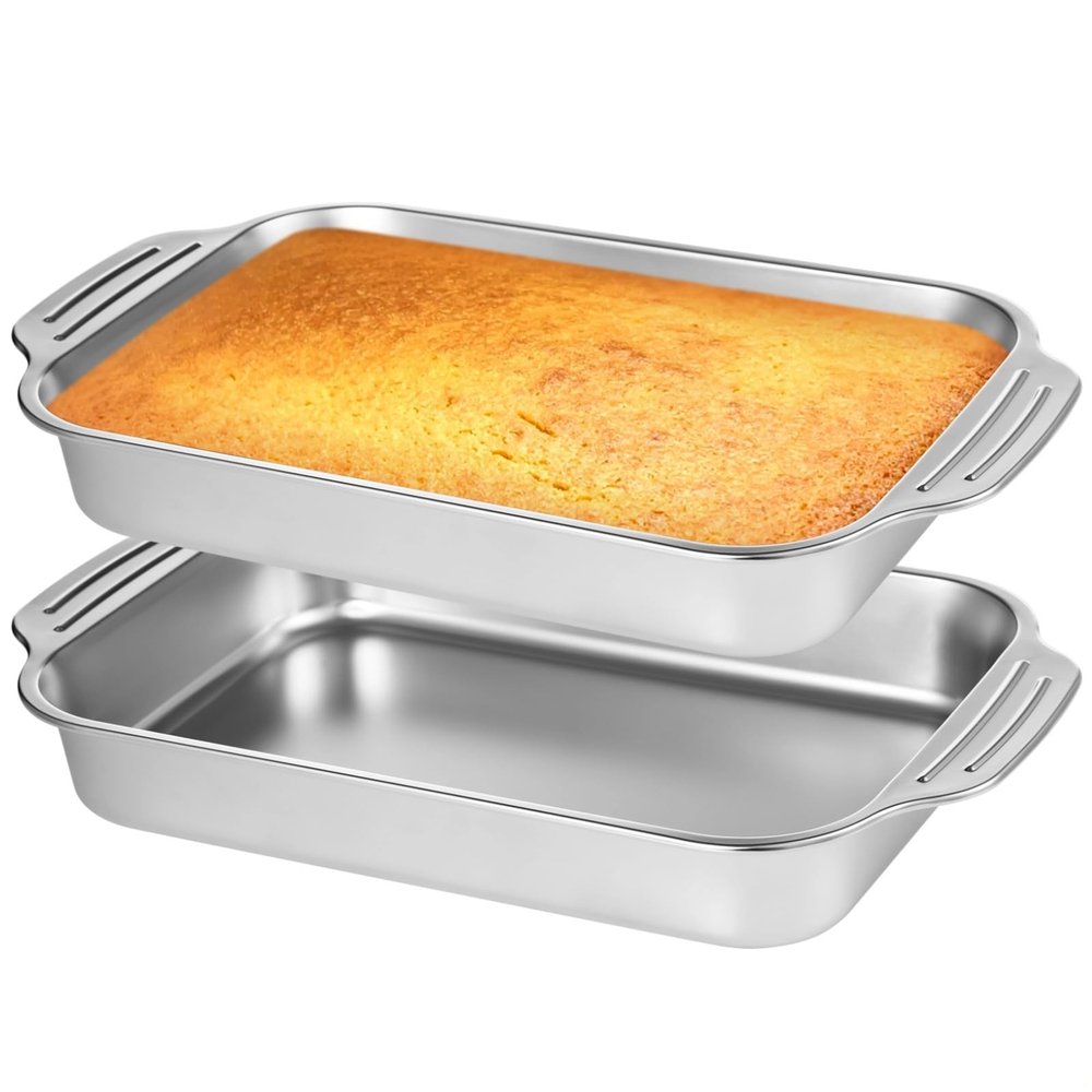 2 Pack Stainless Steel Baking Trays with Handles, Non-Stick Rectangular Loaf Pans for Breads, Meats, and Vegetables