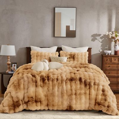 Wonderful - 3 Pieces Faux Rabbit Fur Comforter Set King Size, Caramel Tie Dye Plush Bedding Set, 3D Sculpted Bubble Warm Fluffy Comforter for Winter