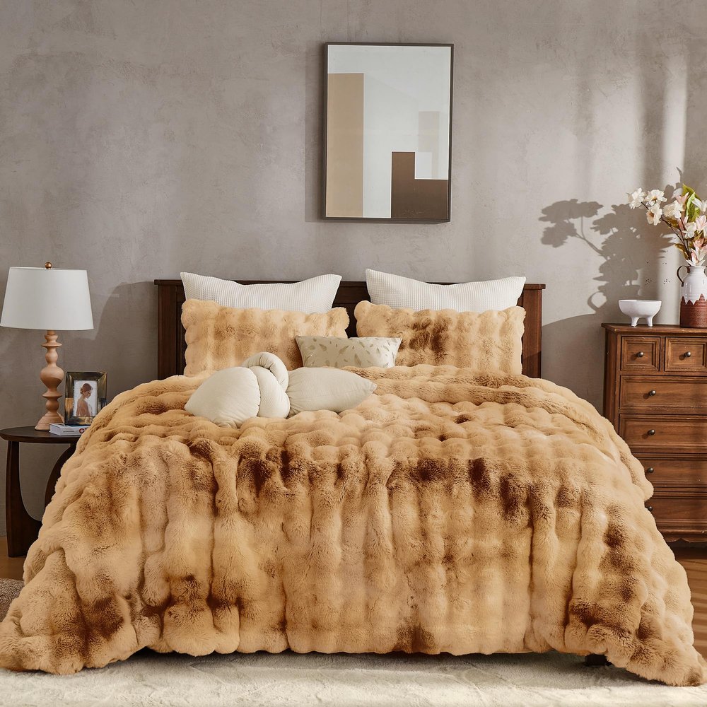 Wonderful - 3 Pieces Faux Rabbit Fur Comforter Set King Size, Caramel Tie Dye Plush Bedding Set, 3D Sculpted Bubble Warm Fluffy Comforter for Winter