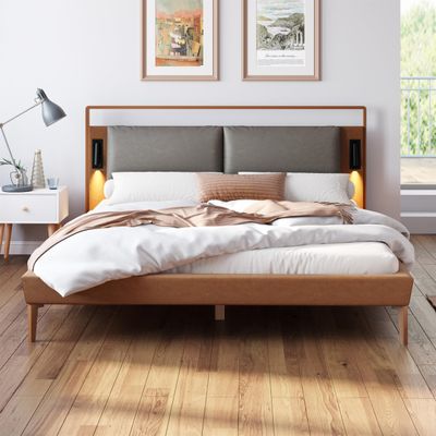 SOFTSEA Queen Size Upholstered Bed with Grey Pillow Headboard & 2 Reading Lights, Faux Leather Platform Bed Frame with Wood Slats Support, No Box Spring Needed, Brown