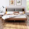 SOFTSEA Queen Size Upholstered Bed with Grey Pillow Headboard & 2 Reading Lights, Faux Leather Platform Bed Frame with Wood Slats Support, No Box Spring Needed, Brown view 1