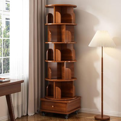 360-Degree Corner Spinning Bookshelf Tower, 6 Tier Floor Small Corner Bookcase Standing Rotating Bookshelf with Drawers&Wheels for Small Space,Wood Narrow Organizer for Bedroom (Walnut Brown, 6 Tier)