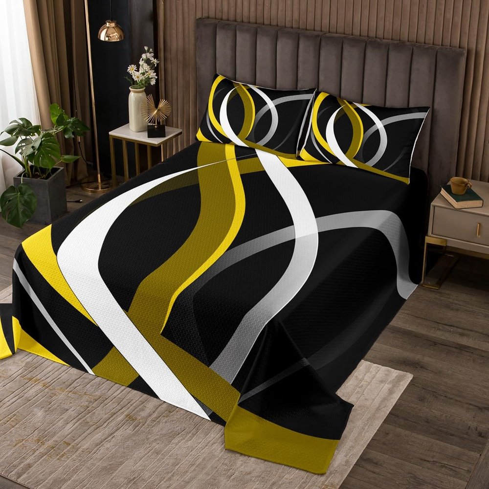 Manfei Geometric Stripes Bedspread King Size,Abstract Stripes Lines Coverlet Set 3pcs,Yellow Black Grey Quilted Coverlet with 2 Pillowcases,Kids Boys Room Decor,Soft Bedding Quilt