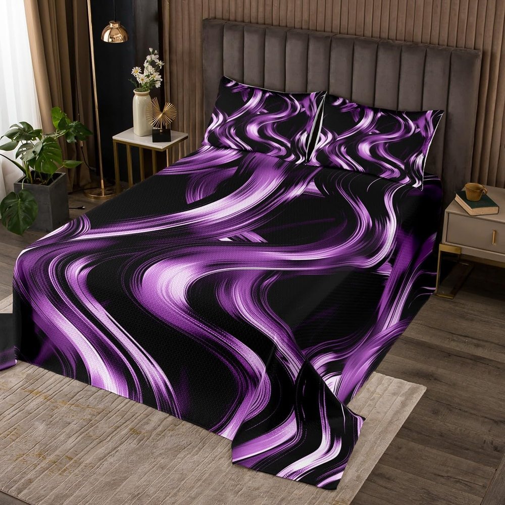 Manfei Wavy Stripe Bedspread King Size,Black and Purple Coverlet Set 3pcs,Abstract Geometric Simple Art Quilted Coverlet with 2 Pillowcases,Kids Boys Room Decor,Soft Bedding Quilt