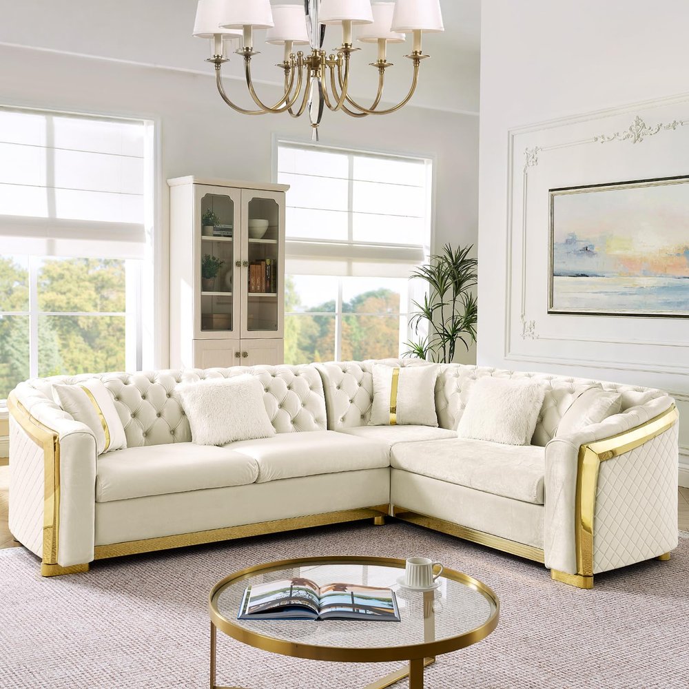 106" Oversize Button Tufted Chesterfield Sectional Sofa Set, Velvet L-Shaped Luxury Couches for Living Room with Gold Stainless Steel Decor & 5 Pillows, 5 Seater Mid-Century Couch, Right Chaise Beige