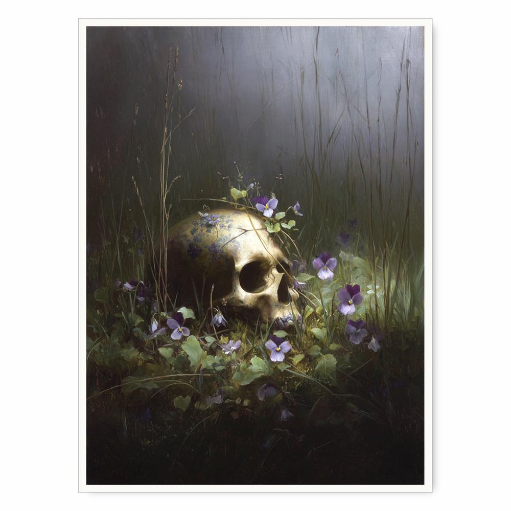 Skull in Violets Gothic Wall Art Dark Botanical Fantasy Poster with Human Skull and Flowers for Halloween Bedroom or Witchcore Forest Home Decor-24x36Inch Ready to Hang(Unframed)