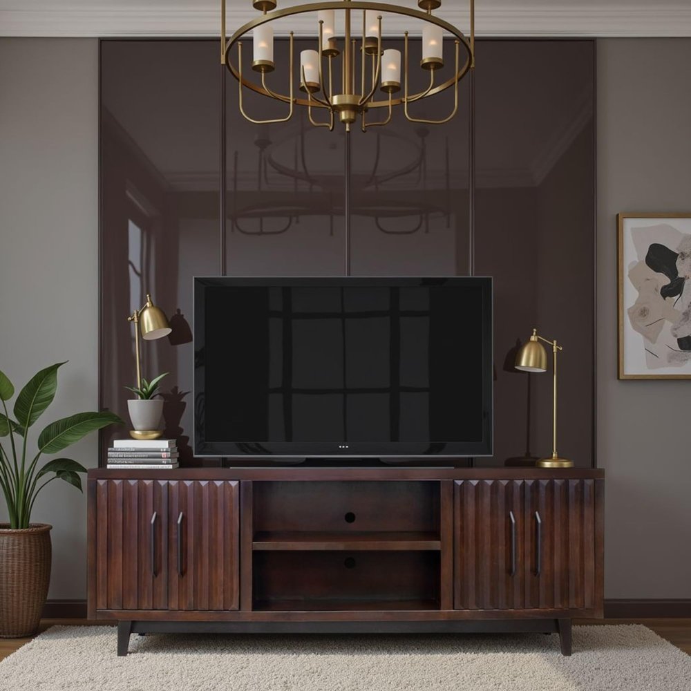 75 inch TV Stand, for TVs up to 85 inches, No Assembly Required, Rosewood Finish TV Cabinet Entertainment Center