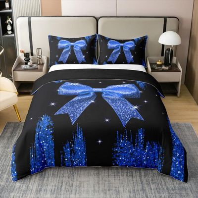 100% Cotton Navy Blue Bow Knot Duvet Cover Set,Sparkling Bowknot Twin Bedding Sets for Girls,Watercolor Girly Princess Bow Comforter Cover,Glitter Kawaii Geometric Bow-Tie Bed Set Cute Aesthetic Room
