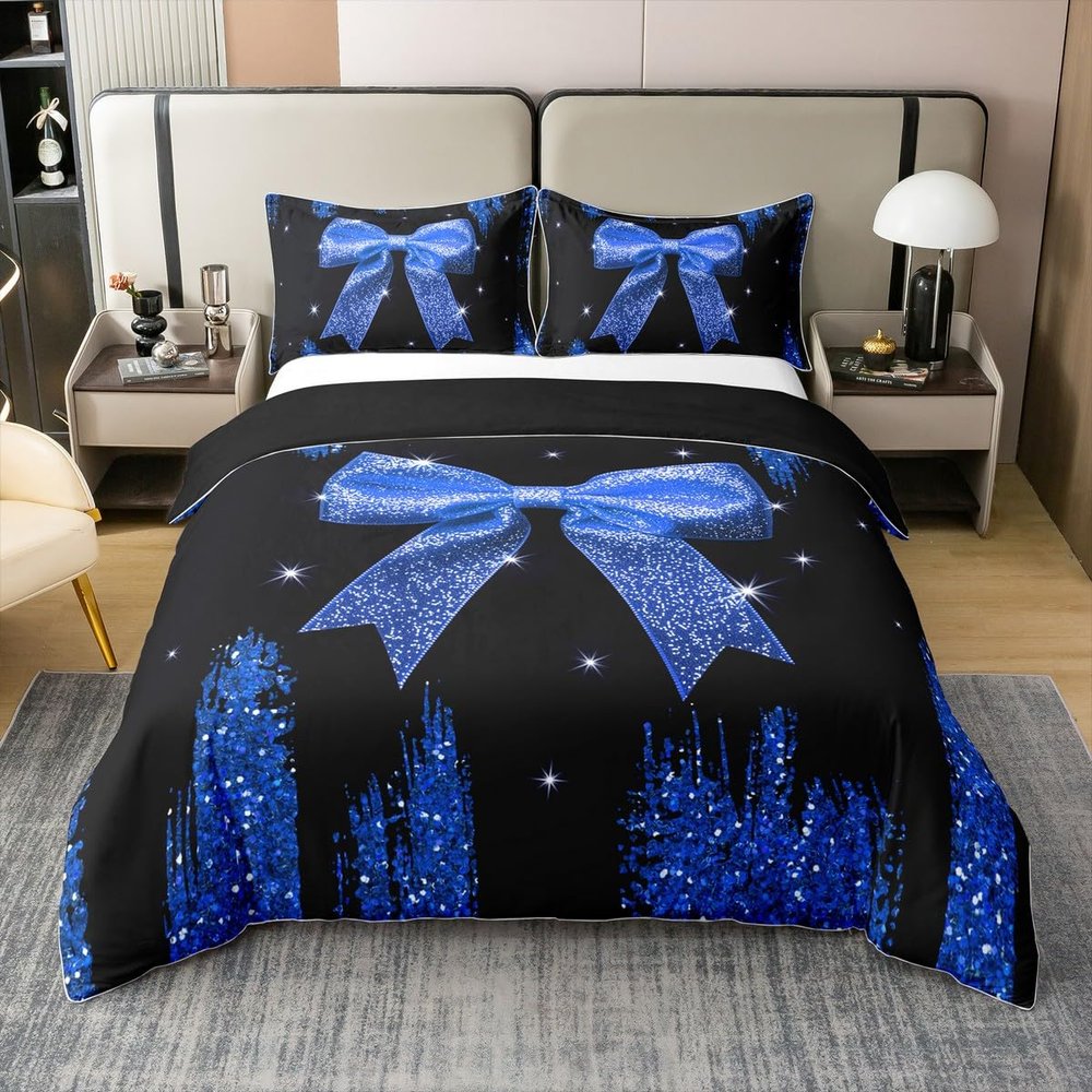 100% Cotton Navy Blue Bow Knot Duvet Cover Set,Sparkling Bowknot Twin Bedding Sets for Girls,Watercolor Girly Princess Bow Comforter Cover,Glitter Kawaii Geometric Bow-Tie Bed Set Cute Aesthetic Room