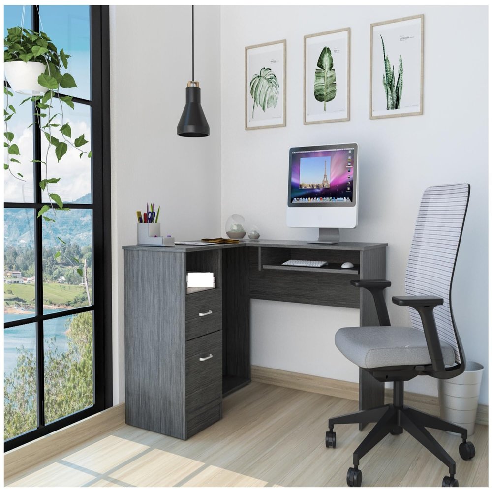 L-Shaped Desk,Laptop Desk for Bedroom,Two Drawers, One Shelf, CPU Storage