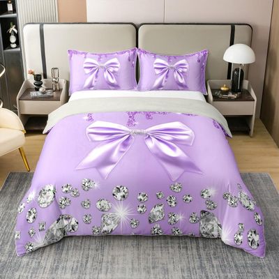 100% Cotton Cute Ribbon Bowknot Duvet Cover Set Full Size,Glitter Sequins Bow Knot Bedding Set,Sparkling Diamond Lavender Bow Tie Comforter Cover,Dreamy Princess Style Bow Bed Set Kawaii Room