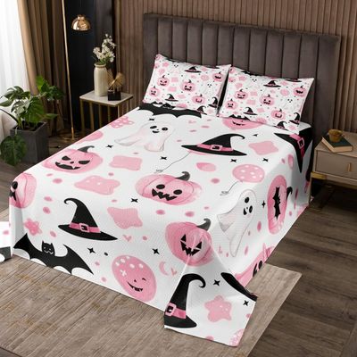 jejeloiu Kids Halloween Decor Bedspread King Size Cartoon Ghost Coverlet Set Pumpkins Quilted Coverlet for All Season with 2 Pillowcases Spooky Halloween Decorations Microfiber Lightweight