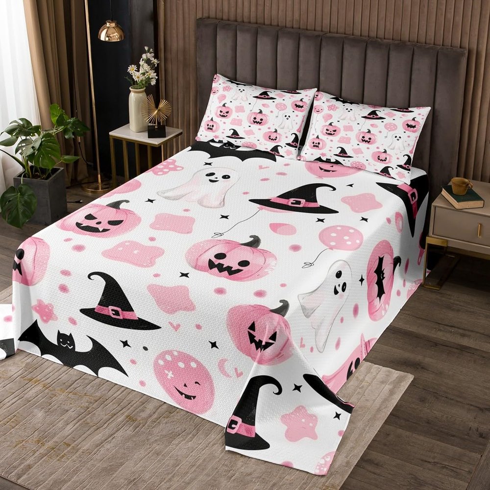 jejeloiu Kids Halloween Decor Bedspread King Size Cartoon Ghost Coverlet Set Pumpkins Quilted Coverlet for All Season with 2 Pillowcases Spooky Halloween Decorations Microfiber Lightweight