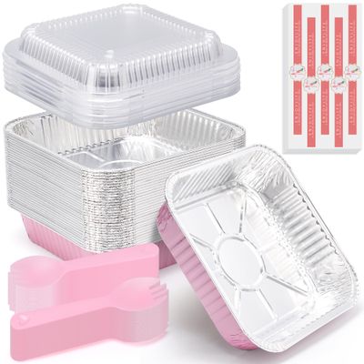 (35 Pack)Pink 8x8 Inch Disposable Aluminum Foil Pans&Square Cake Pans for Parties, Clear Plastic Lids,Eco-Friendly Baking Trays with Stickers&Cake Spoons,Picnics,Casseroles,Takeout,Recyclable Cookware