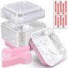 (35 Pack)Pink 8x8 Inch Disposable Aluminum Foil Pans&Square Cake Pans for Parties, Clear Plastic Lids,Eco-Friendly Baking Trays with Stickers&Cake Spoons,Picnics,Casseroles,Takeout,Recyclable Cookware view 1