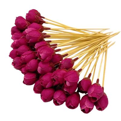 100pcs Red Flower Bud Toothpicks, 4.7 Inch Fancy Sticks for Appetizers, Handmade Bamboo Appetizer Fruit Skewers Food Picks for Wedding Valentines Holiday Party Decoration (Flower Bud Red)