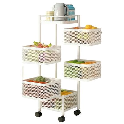 Xorgeximo 5 Tier Rotating Storage Rack Cart, Fruit and Vegetable Basket Bowls with Metal Top Lid, Wire Basket Organizer on Wheels for Kitchen, Bathroom, Living Room(White)