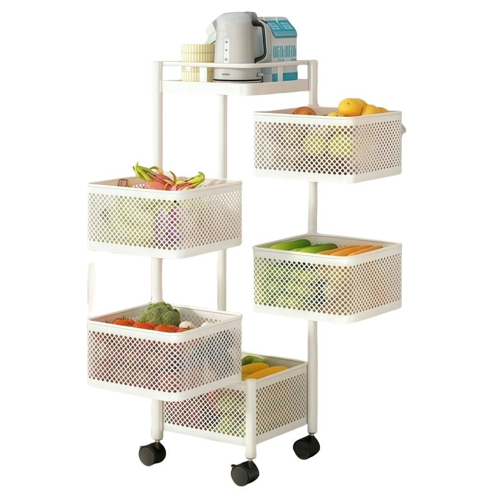 Xorgeximo 5 Tier Rotating Storage Rack Cart, Fruit and Vegetable Basket Bowls with Metal Top Lid, Wire Basket Organizer on Wheels for Kitchen, Bathroom, Living Room(White)
