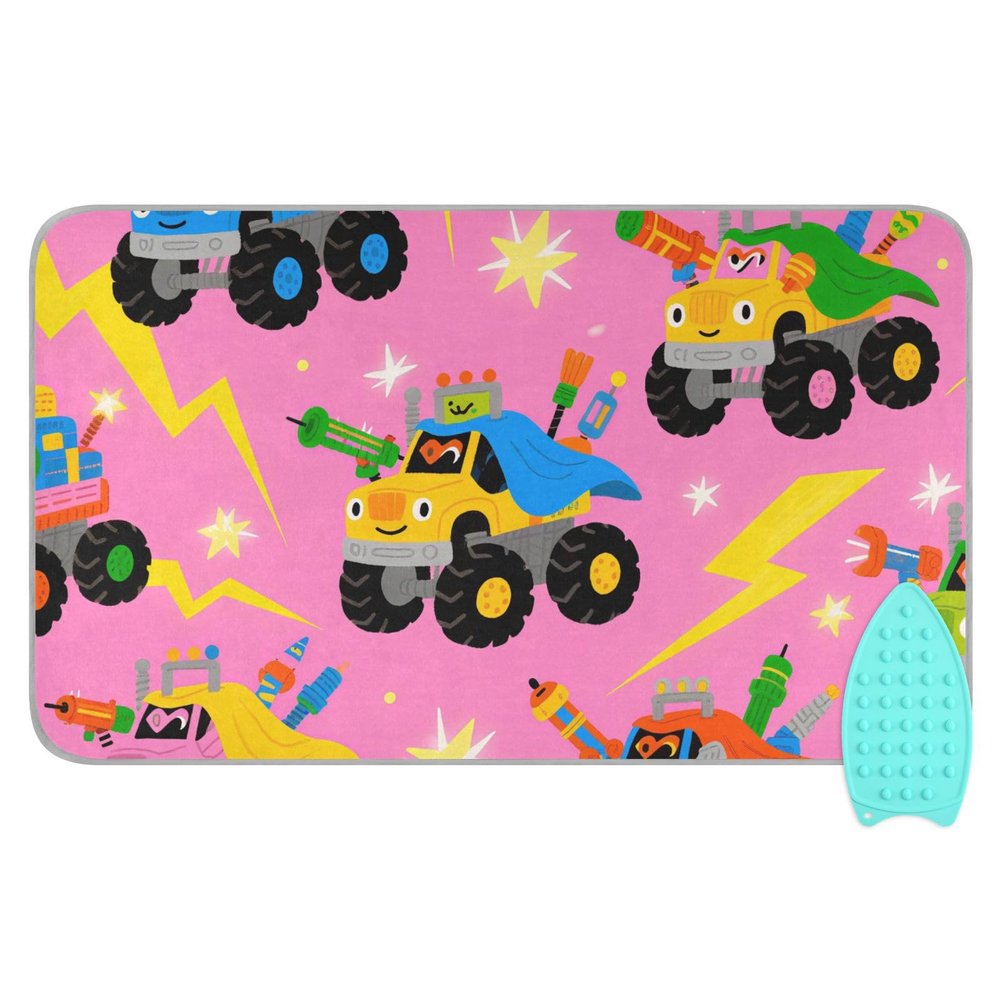 Cartoon Cute Cars Colorful Space-Saving Ironing Board Cover and pad with Silicone Iron Holder Foldaway Ironing Board pad for Tabletop Countertop almohadilla para planchar 48"x28"