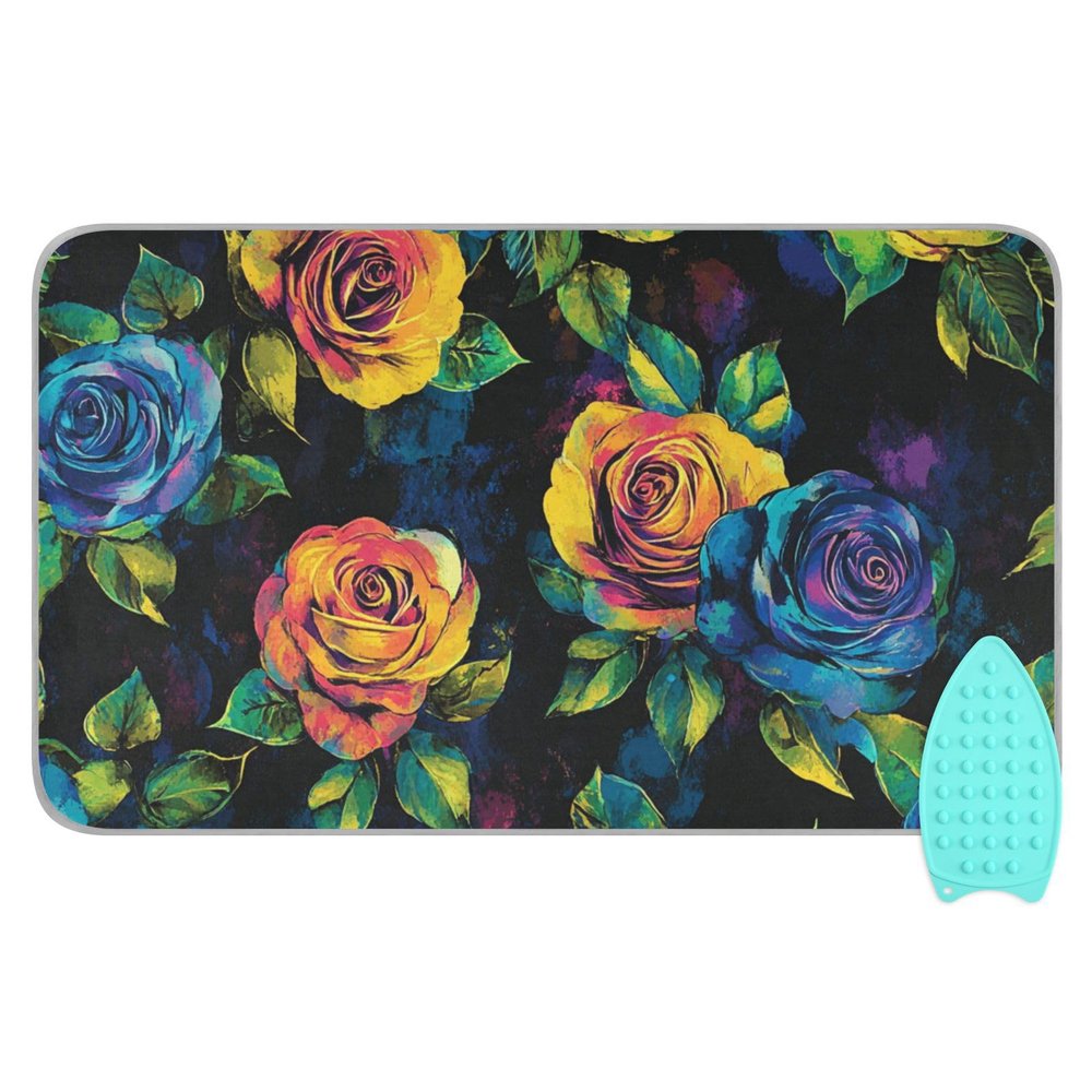 Black Vivid Colorful Roses Space-Saving Ironing Boards with Silicone Iron Holder Ironing mat for Office Tabletop almohadilla para planchar 48"x28"