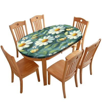 Swiss Alps Edelweiss Printed on Oval Clear Plastic Tablecloth Protector, Elastic Table Covers, for Banquet Halls Picnics & BBQs Hotel Events, Fits for 42" x 60" Oval Tables