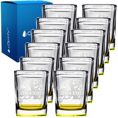 Custom Square Shot Glasses Set of 12 Yellow Bottom 2oz Engraved Initial and Name Customizable Gifts, Weddings, Birthdays, Party, Event, Decorations