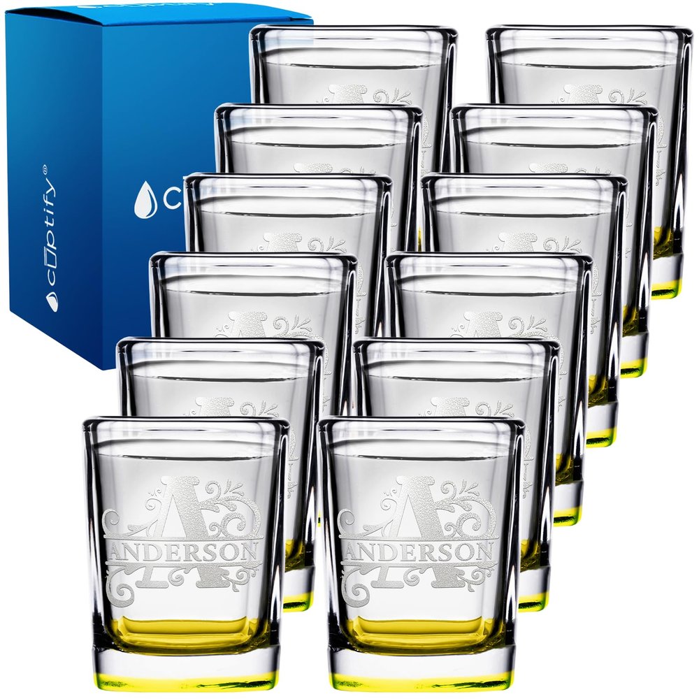 Custom Square Shot Glasses Set of 12 Yellow Bottom 2oz Engraved Initial and Name Customizable Gifts, Weddings, Birthdays, Party, Event, Decorations