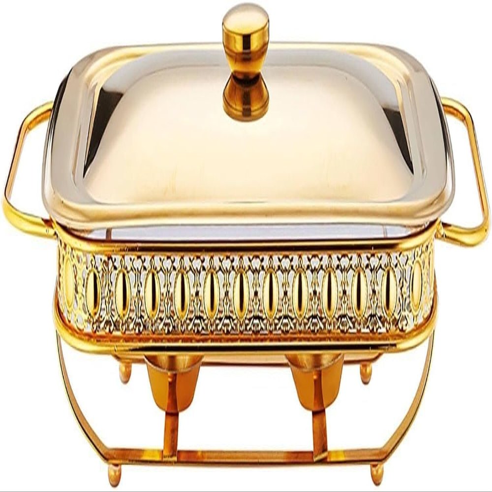 ZOCWJK Chafing Dish Food Warmer Rectangular Stainless Steel Chafing Dish Set with Stainless Steel Lid and Oven Safe Glass Warming Container(Gold-1.5L