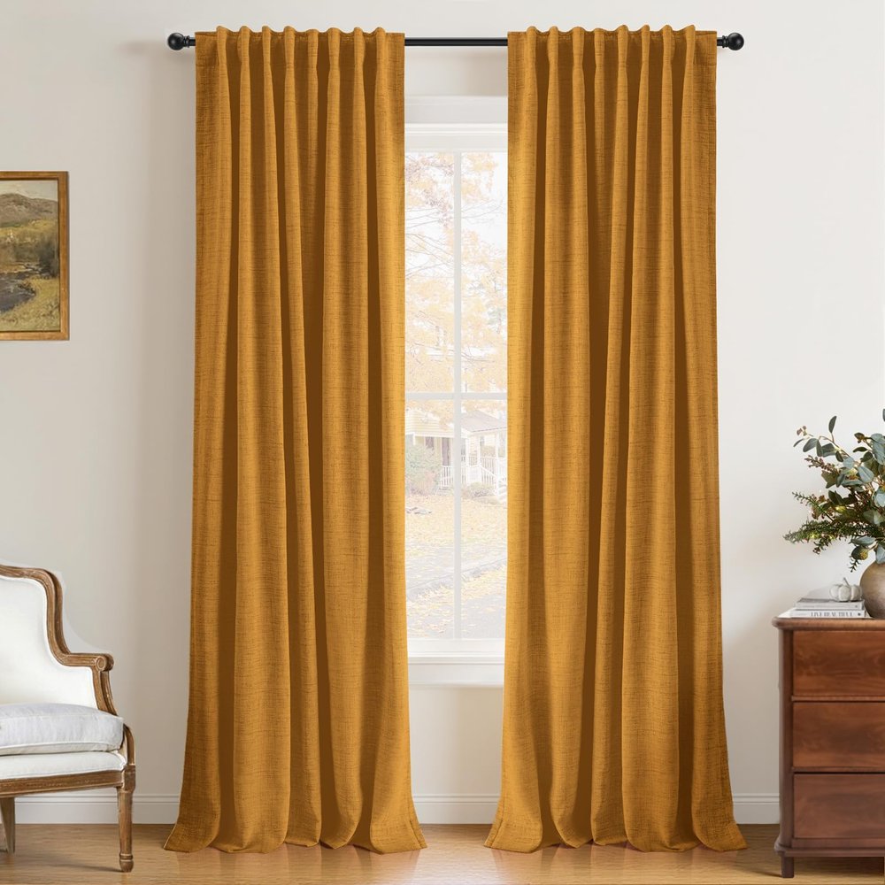 INOVADAY 100% Blackout Linen Curtains for Bedroom 50x102 Dijon Mustard