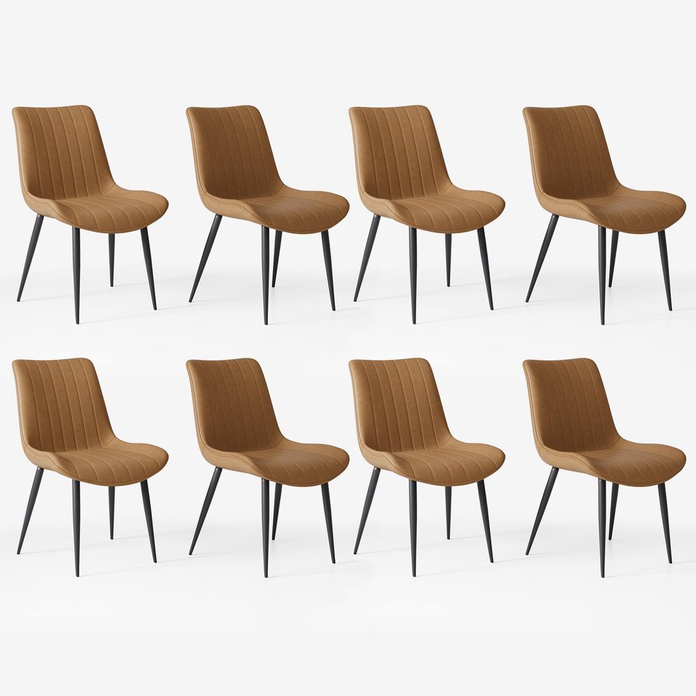 Aimerive Faux Leather Dining Chairs Set of 8 Upholstered Dining Chairs Modern Kitchen & Dining Room Chairs with Comfortable Cushions & Black Metal Legs for Living Room Restaurant Cafe, Brown