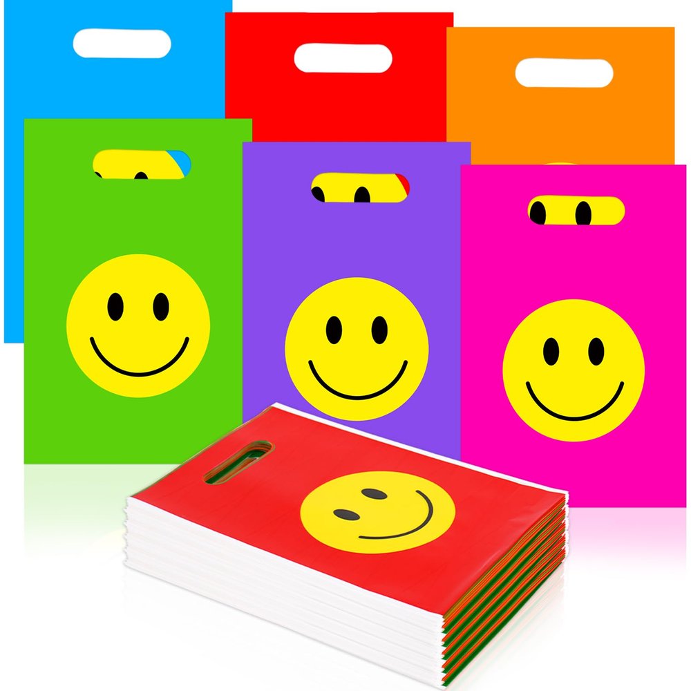 Whaline 200Pcs Smile Face Gift Bags 6.5" x 10" Rainbow Plastic Party Favors