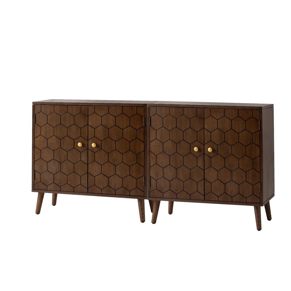 HOMPUS Sideboard Buffet Cabinet Set of 2, 32" Checkerboard Pattern Accent Cabinet with 2 Doors, Easy Assemble, Storage Cabinet with Adjustable Shelf for Living Room, Entryway, Dining Room, Walnut