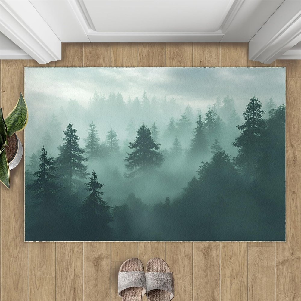 Misty Forest Rug 2x3-2x3 Rug, Pine Tree Woodland Area Rugs for Bedroom, Green Pine Tree Rugs, Natural Scenery Washable Carpet, Landscape Carpet - Misty Forest Home Decor & Gifts