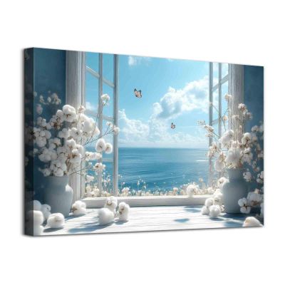 Open Window Canvas Wall Art Cotton Bouquet Wall Art White Flower Painting Blue Sea Picture Coastal Flower Painting Still Life Pictures Relaxing Living Room Decor 16x24inch No Frame