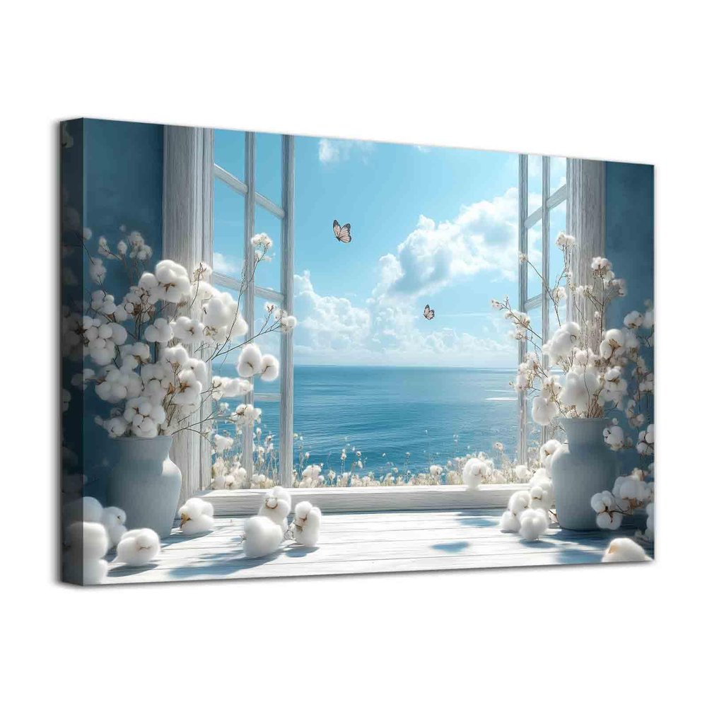 Open Window Canvas Wall Art Cotton Bouquet Wall Art White Flower Painting Blue Sea Picture Coastal Flower Painting Still Life Pictures Relaxing Living Room Decor 16x24inch No Frame