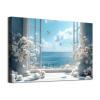 Open Window Canvas Wall Art Cotton Bouquet Wall Art White Flower Painting Blue Sea Picture Coastal Flower Painting Still Life Pictures Relaxing Living Room Decor 16x24inch No Frame view 1
