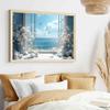 Open Window Canvas Wall Art Cotton Bouquet Wall Art White Flower Painting Blue Sea Picture Coastal Flower Painting Still Life Pictures Relaxing Living Room Decor 16x24inch No Frame view 2