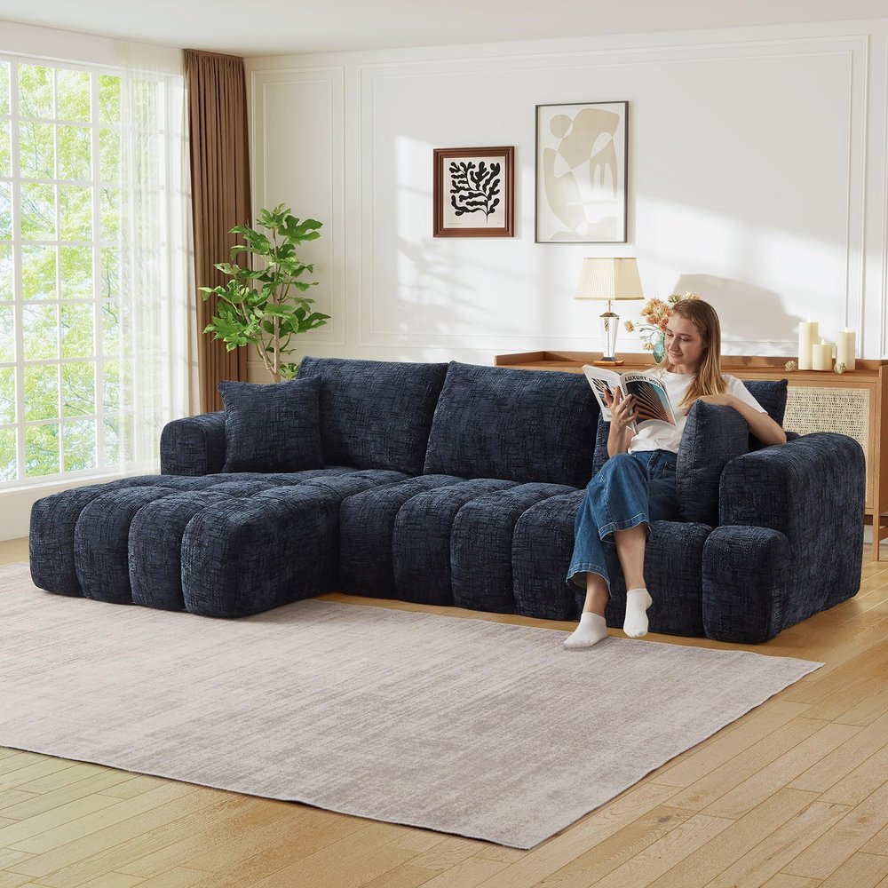 108" W Modular Sectionals Sofa,Cloud Boneless Couch with Chaise,Chenille Tufted Deep Seat L Shaped Couch,Modern Compression Foam Sofa for Living Room Bedroom,No Assembly Required(Left Facing,Blue)