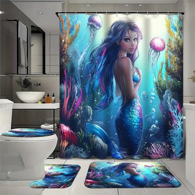 4 Pcs Beautiful Mermaid Shower Curtain Bathroom Set with Rugs, Cartoon Colorful Bubbles Jellyfish Shower Curtain with 12 Hooks, Toilet Lid Cover and Bath Mat for Bathroom Decor Set