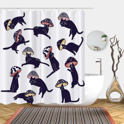 Abaysto Funny Cat with Mushroom Shower Curtain Bathroom Set Mushroom Bath Accessories Cat Shower Curtain with 12 Hooks 60x72 inches