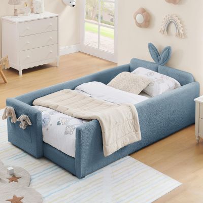 Twin Upholstered Bed Frame for Kids Girls, Cute Princess Bed Frame & Boucle Kids Beds with Rabbit Ear Headboard & Pocket/Rail, No Box Spring Needed, Easy Assembly (Baby Blue)