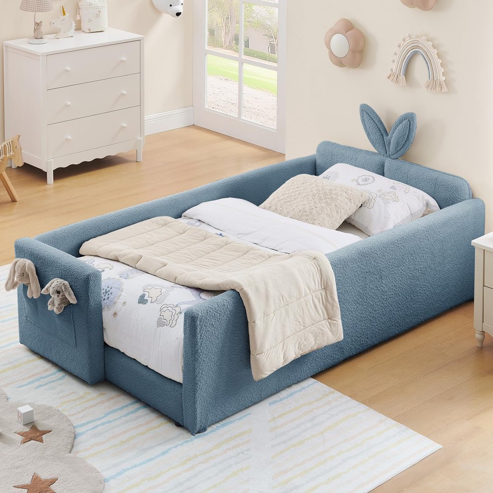 Twin Upholstered Bed Frame for Kids Girls, Cute Princess Bed Frame & Boucle Kids Beds with Rabbit Ear Headboard & Pocket/Rail, No Box Spring Needed, Easy Assembly (Baby Blue)
