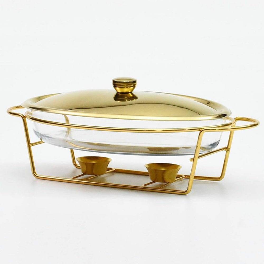 BVFDPPWQ 3L Oval Chafing Dish Buffet Set with Glass Pot and Stainless Steel Stand Perfect for Weddings,Parties,Banquets,and Catering Events (Gold)