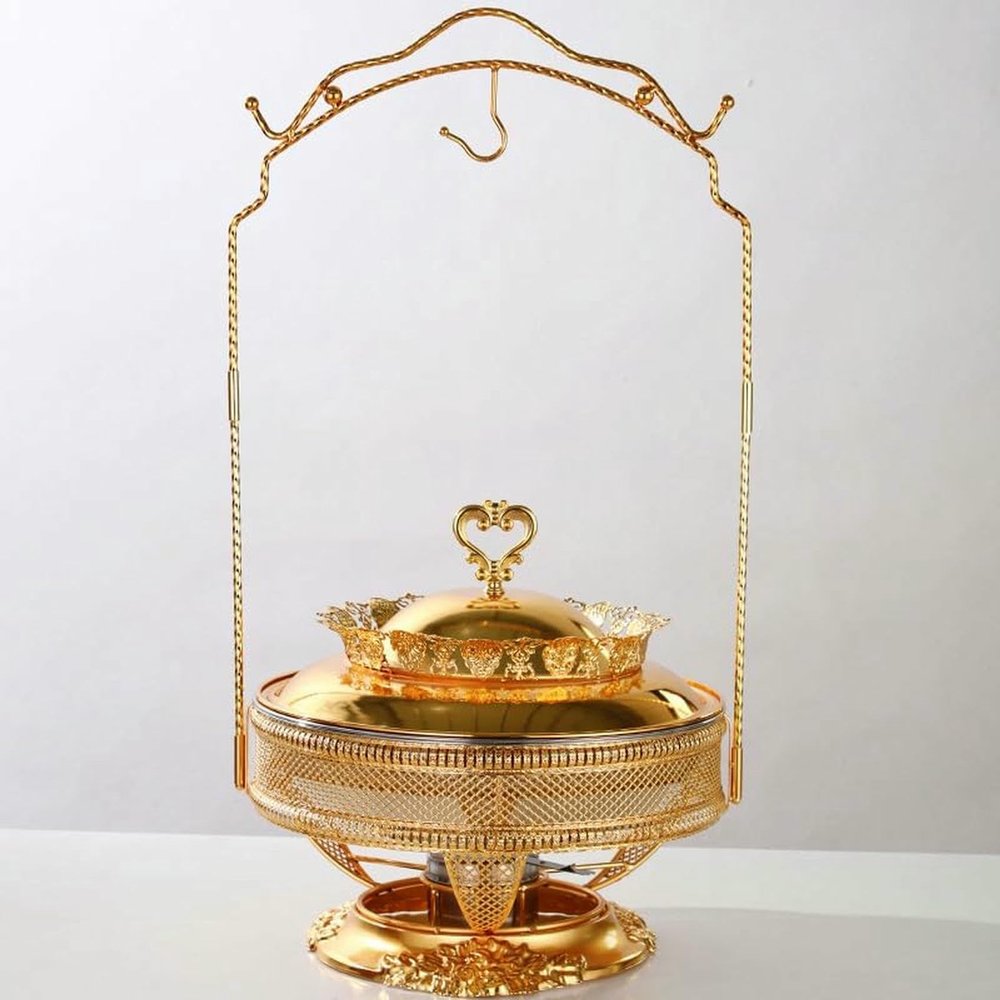 BVFDPPWQ Gold Chafing Dish Buffet Set, Luxury Buffet r Hanging Lid Dining Stove Set with Lid and Lid Hook, Round Chafing Buffet r and Warmer for Party, Buffet, Weddings