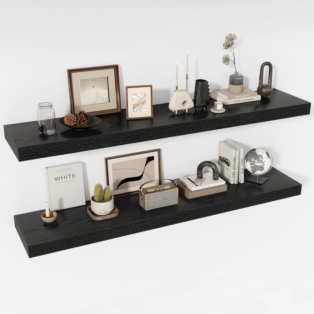 Acovy 55 Inch Floating Shelves, 12" Deep Floating Shelf Wall Mounted, 55" Wall Shelves, Rustic Deep Bookshelf, Extra Deeper & Thicker Display Shelves for Bedroom, Living Room, Black, Set of 2