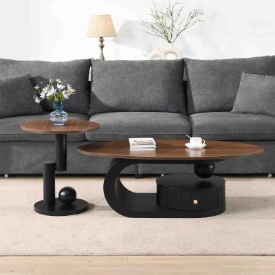 47" Oval Coffee Table Set of 2, Modern Round End Table 20", Nesting Living Room Table with Storage Drawer 2 Pieces, Oral and Round Coffee Table Set, Walnut Wood MDF Top (with Storage, Black Base)