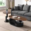 47" Oval Coffee Table Set of 2, Modern Round End Table 20", Nesting Living Room Table with Storage Drawer 2 Pieces, Oral and Round Coffee Table Set, Walnut Wood MDF Top (with Storage, Black Base) view 2