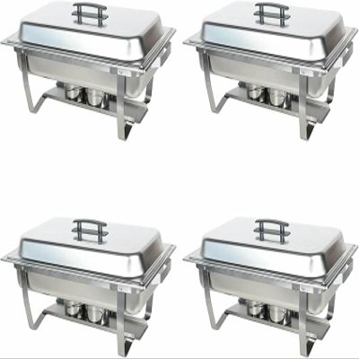 4er-Pack 8QT Rectangular Chafing Dish Chafer Buffet Warmer Set Made of Stainless Steel with A Foldable Frame, Water Pan, Food Pan, Fuel Holder and Lid for Catering Banquet